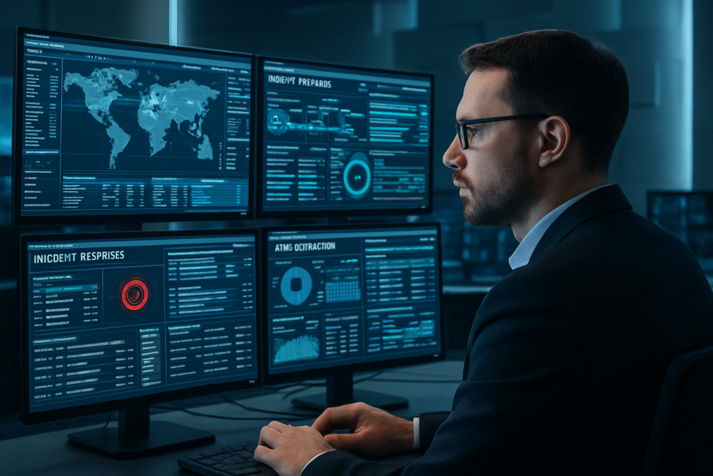A professional blue team specialist is analyzing cybersecurity threats on multiple monitors in a modern Security Operations Center (SOC). The scene includes digital dashboards displaying live threat intelligence, network diagrams, and incident alerts, with a focused analyst in business attire using advanced security tools in a dimly lit control room. The background suggests a high-stakes, technology-driven environment dedicated to organizational defense.